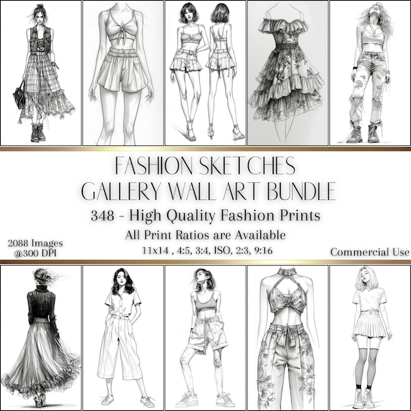 Fashion Sketches Wall Art Bundle, 348 images imprimables, 6 rapports d’aspect, 2088 fichiers à 300 DPI, Gallery Wall Art Bundle, Mode éclectique