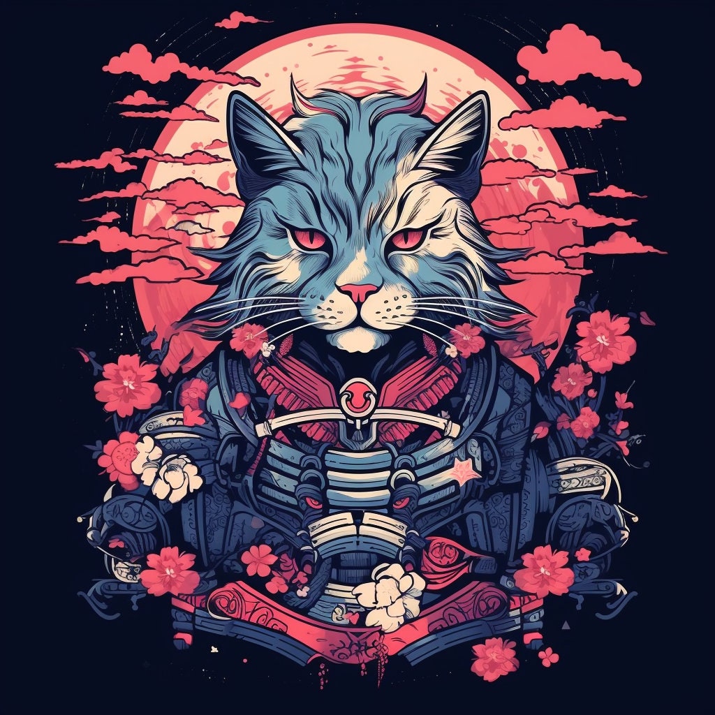 サムライ猫Tシャツデザイン：200種類以上の猫戦士PNG SVGバンドル
