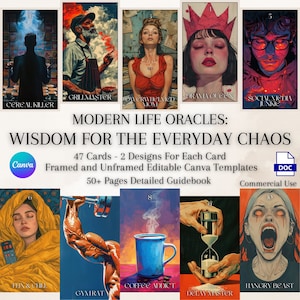 Printable Oracle Deck, Modern Life Oracles: Wisdom for the Everyday Chaos, 47 Cards, 2 Designs for Each, 8 Backs, Guidebook, Canva Templates