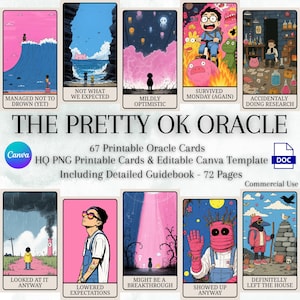 The Pretty Okay Oracle, 67 grappige zelfcompassiekaarten + gedetailleerde handleiding, afdrukbare png's + bewerkbare canva-sjabloon, commercieel gebruik Oracle