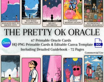 以下が含まれることがあります： カラフルなイラストとテキストが描かれた、印刷可能なオラクルカード67枚セット。カードは、占いや自己内観に使用するためにデザインされています。カードは、高品質のPNGファイルと編集可能なCanvaテンプレートとして入手できます。セットには、72ページのガイドブックも含まれています。
