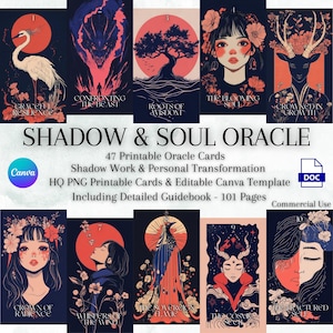 Shadow & Soul Orakel Deck, 47 druckbare Orakel Karten, Schattenarbeit und persönliche Transformation, bearbeitbare Canva Vorlage + ausführliches Handbuch