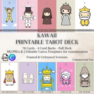 Printable Tarot Card Deck - Kawaii Style, 78 Cards, Cute and Colorful Imagery, 8 Backs, Tarot for Kids, Editable Canva Template, Kid's Tarot