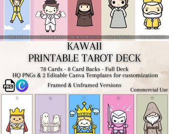 Kawaii Tarot Deck - Colorful Imagery, 78 Cards (Canva Template, Digital Download)