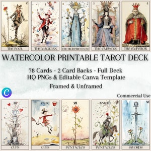 Jeu de cartes de tarot imprimable aquarelle Style à main levée - 78 cartes + 2 dos, PNG de haute qualité, modèle de toile éditable, lot d'art mural tarot