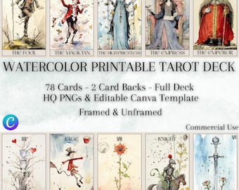 Watercolor Tarot Cards Deck: 78 Cards, Editable Canva Template (Digital Download)