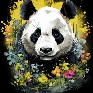 May include: A black and white panda bear with a floral wreath around its head. The panda is looking directly at the viewer. The background is a yellow splatter pattern.