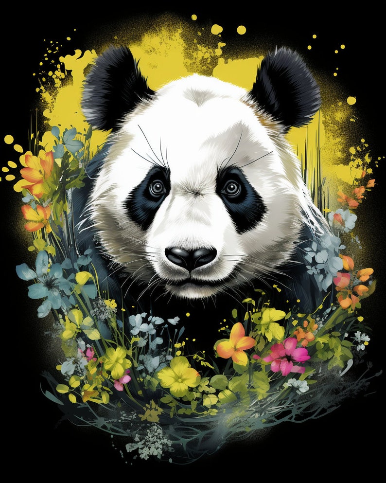 May include: A black and white panda bear with a floral wreath around its head. The panda is looking directly at the viewer. The background is a yellow splatter pattern.