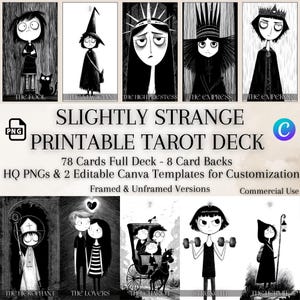 Printable Tarot Card Deck, Dark Whimsical Style, 78 Cards + 8 Card Backs, High Quality PNG, Editable Canva Template, Tarot Journal, Wall Art