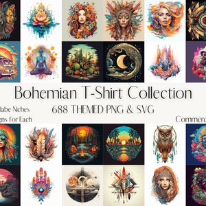 Bohemian T-Shirt Design Bundle: 688 Premium SVG & PNG Designs, Boho Chic Themes, Ready-to-Use for Custom Apparel and DIY Projects, 43 Niches