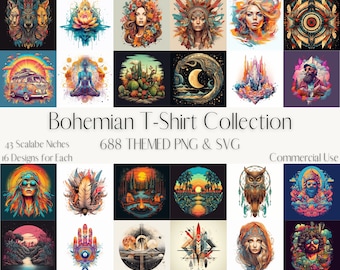 Bohemian T-Shirt Design Bundle: 688 Premium SVG & PNG Designs, Boho Chic Themes, Ready-to-Use for Custom Apparel and DIY Projects, 43 Niches