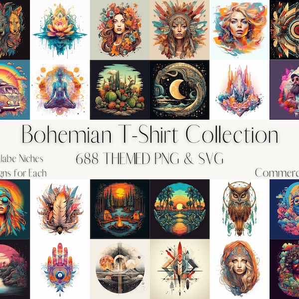 Bohemian T-Shirt Design Bundle: 688 Premium SVG & PNG Designs, Boho Chic Themes, Ready-to-Use for Custom Apparel and DIY Projects, 43 Niches