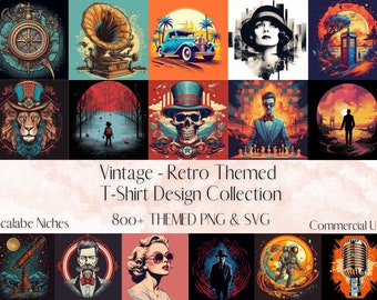 Vintage - Retro T-Shirt Design Bundle 800+ SVG & PNG Files, Antique, Nostalgic Niches, Bohemian Custom Apparel and DIY Projects Digital