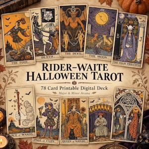 May include: A Rider-Waite Halloween Tarot deck featuring 78 printable digital cards with classic occult imagery reimagined with pumpkins, bats, and autumn motifs. The set includes Major and Minor Arcana cards like The Fool, Death, The Devil, The Moon, The High Priestess, Ace of Wands, Page of Cups, Queen of Wands, and Nine of Cups.
