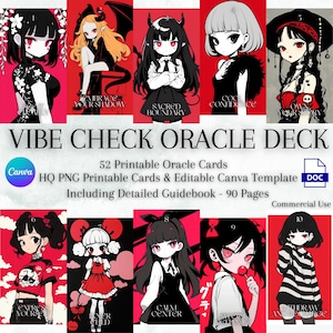 Printable Oracle Deck, Vibe Check Oracle, 52 Anime-Style Cards for Emotional Honesty, Editable Canva Template & Guidebook, Commercial Use
