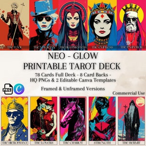 Baralho de tarô para impressão, inspirado na pop art, imagens de néon vibrantes, 78 cartas, 8 costas, PNGs de alta qualidade, modelos Canva, arte de parede de tarô, diário