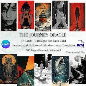 Baraja de oráculo personalizada e imprimible, The Journey Oracle, 47 cartas, 2 diseños para cada carta, 8 reversos, 2 plantillas de Canva editables, guía detallada