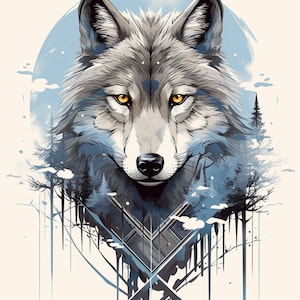 May include: A stylized illustration of a wolf's head with a blue and white background. The wolf has yellow eyes and a serious expression. The background features a forest scene with trees and snow.