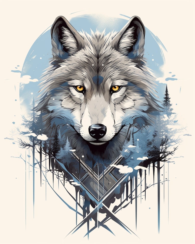 May include: A stylized illustration of a wolf's head with a blue and white background. The wolf has yellow eyes and a serious expression. The background features a forest scene with trees and snow.