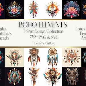 Bohemian T-Shirt Design Elements Bundle of 750+ Premium SVG& PNG Designs, Boho Chic, Mandala, Lotus, Dreamcatcher, Feather, Arrow, Arrowhead