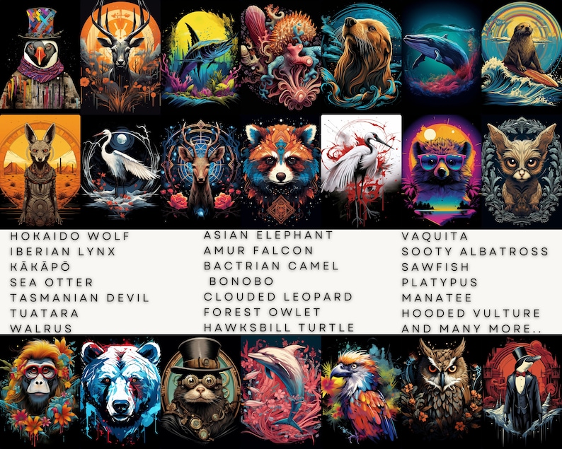 May include: A colorful collage of animal illustrations, including a wolf, lynx, owl, turtle, elephant, falcon, camel, leopard, and more. The animals are depicted in a stylized, almost cartoonish manner, with vibrant colors and intricate details. The text at the bottom reads "Hokaido Wolf, Iberian Lynx, Kakapo, Sea Otter, Tasmanian Devil, Tuatara, Walrus, Asian Elephant, Amur Falcon, Bactrian Camel, Bonobo, Clouded Leopard, Forest Owlet, Hawksbill Turtle, Vaquita, Sooty Albatross, Sawfish, Platypus, Manatee, Hooded Vulture, and many more..."