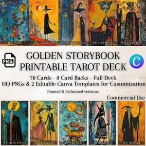 Druckbares Tarotkartenspiel - Golden Storybook, 78 Karten, 8 Kartenrückseiten, hochwertige PNGs, Tarot Wandkunst, Tarot Journal, benutzerdefiniertes Tarot Deck