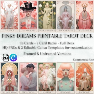 Jeu de cartes de tarot imprimable, petits rêves, 78 cartes + 8 dos, PNG de haute qualité, 2 modèles de toile modifiables, journal de tarot, art mural tarot