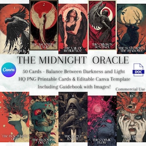 The Midnight Oracle, 50 cartas de fantasia sombria gótica com guia, PNGs HQ para impressão, modelo editável do Canva, baralho Oracle para autodescoberta