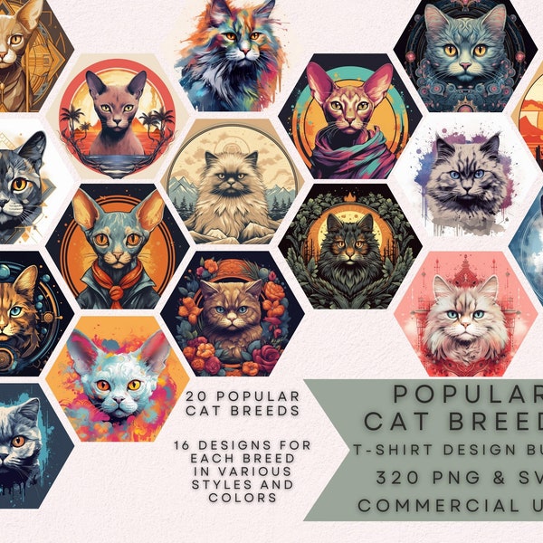 Cat Breeds T-Shirt Design Bundle, 20 Cat Breeds High-Resolution PNG, SVG, Famous Cat Breeds, 320 Designs in Various Styles, Digital Download