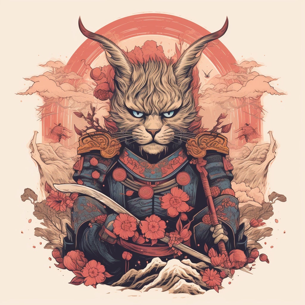 サムライ猫Tシャツデザイン：200種類以上の猫戦士PNG SVGバンドル