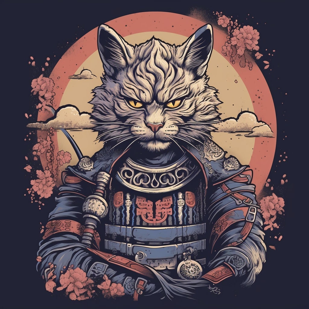 サムライ猫Tシャツデザイン：200種類以上の猫戦士PNG SVGバンドル