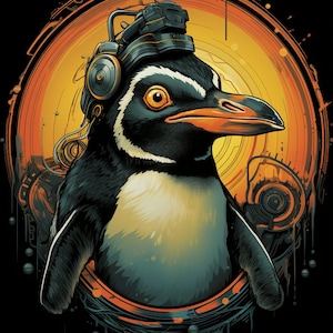 May include: A stylized illustration of a penguin wearing a futuristic headset with a circular orange and black background. The penguin has a black and white patterned body and a yellow beak.