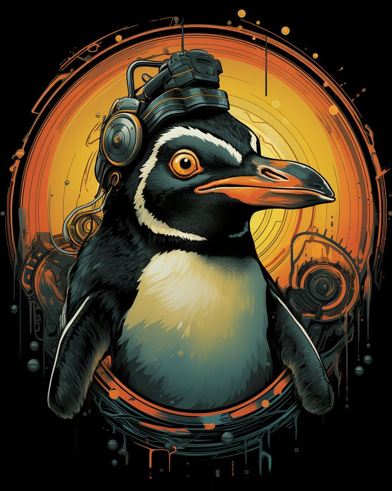 May include: A stylized illustration of a penguin wearing a futuristic headset with a circular orange and black background. The penguin has a black and white patterned body and a yellow beak.