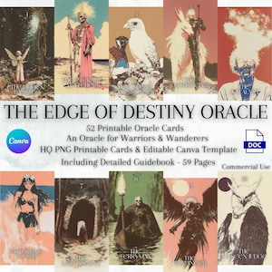 Oráculo The Edge of Destiny, 52 cartas para guerreiros e andarilhos, guia, PNGs HQ imprimíveis, modelo Canva editável, baralhos de jornada espiritual