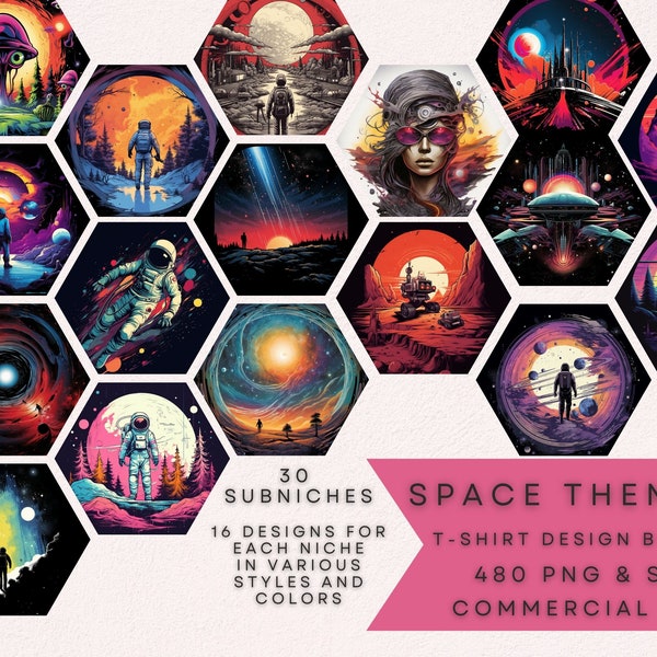 Space T-Shirt Designs Bundle 480 High-Resolution Themed PNG & SVG Files 30 Subniches 16 Designs Each in Various Styles Digital Downloads POD