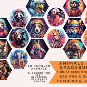 Tiere im Weltraum T-Shirt Design Bundle, 800 transparente PNGs & SVG, 50 beliebte Tiere, 16 Designs in verschiedenen Stilen, digitale Downloads