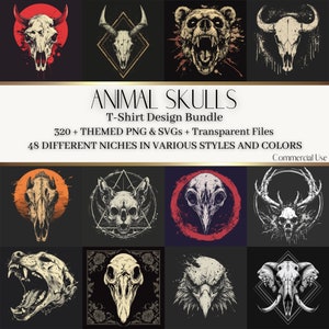 Animal Skulls T-Shirt Designs: Eerie Dark Art SVG PNG Bundle