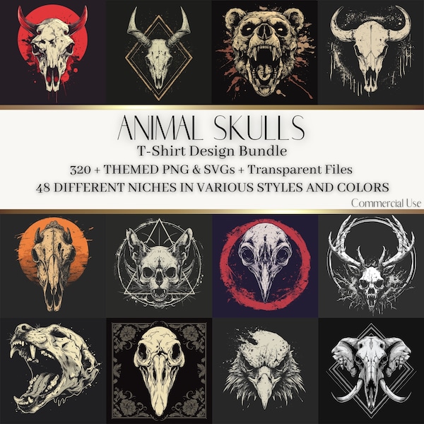 Animal Skulls T-Shirt Design Bundle, 40+ Animals, Multiple Designs for Each, 320+ Premium SVG & PNG, Commercial Use, Dark Art Apparel Prints