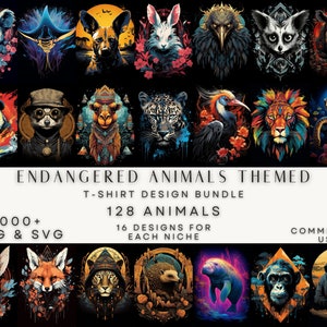 May include: A collection of 128 endangered animal illustrations, each with a unique design. The illustrations are colorful and feature a variety of animals, including a koala, a lion, a tiger, a rhinoceros, and a gorilla. The illustrations are perfect for use on t-shirts, mugs, tote bags, and other merchandise.