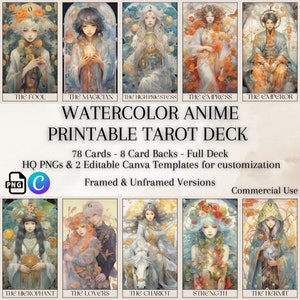 Baraja de cartas de tarot imprimible estilo anime acuarela - 78 cartas + 2 respaldos, PNG de alta calidad, 2 plantillas de Canva editables - Paquete de arte de pared de tarot