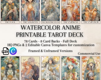 Watercolor Anime Tarot Card Deck: 78 Cards, Editable Templates (Digital Download)