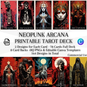 Baraja de Tarot imprimible, Arcanos NeoPunk, Baraja de Tarot completa de 78 cartas, 2 diseños para cada uno, 8 respaldos, PNG de alta calidad, Arte de pared de Tarot, Diario de Tarot
