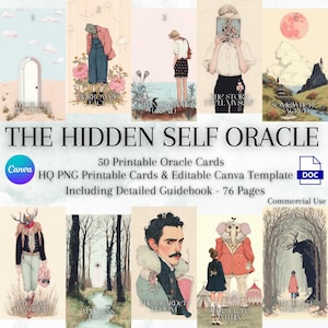 Printable Oracle, The Hidden Self Oracle 50 Printable Oracle Cards for Emotional Clarity, Inner Truth, Editable Canva Oracle, Commercial Use