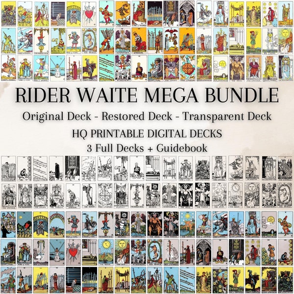 Printable Rider Waite Mega Bundle - High-Resolution Original, Restored, and Black & White Decks, Printable Wall Art Collage, Tarot Journal