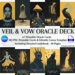 Printable Oracle Deck, Veil & Vow, 67 Printable Shadow Work Cards, Truth and Commitment, Guidebook, Editable Canva Template, Commercial Use