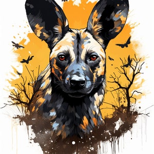 May include: A digital painting of an African wild dog with a black, brown, and yellow spotted coat. The dog is looking directly at the viewer with a serious expression. The background is a yellow and orange watercolor wash with black silhouettes of trees.