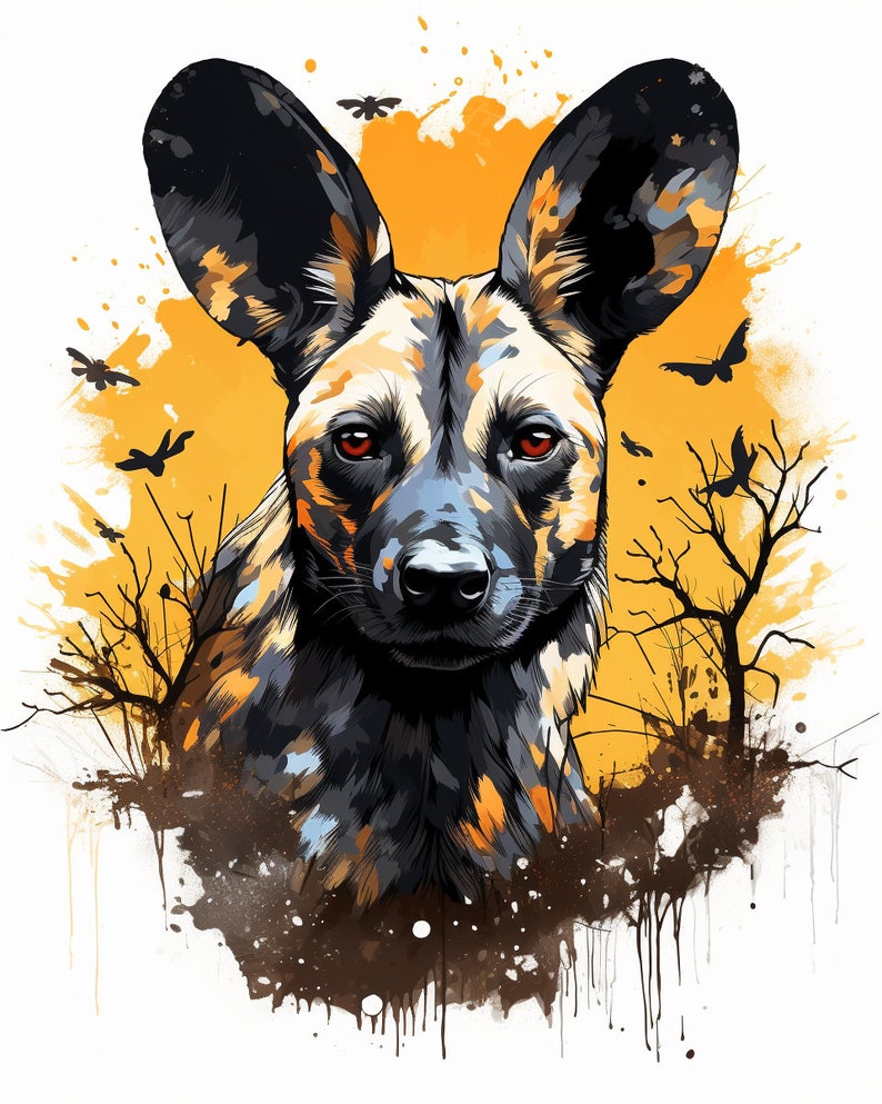 May include: A digital painting of an African wild dog with a black, brown, and yellow spotted coat. The dog is looking directly at the viewer with a serious expression. The background is a yellow and orange watercolor wash with black silhouettes of trees.