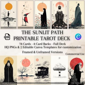 Druckbares Tarotkarten-Deck, minimalistischer, handgezeichneter Stil, 78 Karten, 8 Rückseiten, hochwertige PNGs, bearbeitbare Canva-Vorlage, Tarot-Wandkunst-Bundle