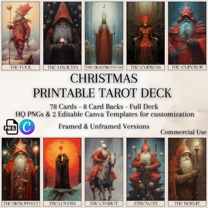 Afdrukbaar Tarot Deck Kerstthema, 78 kaarten, 8 kaartruggen, hoogwaardige PNG's, bewerkbare Canva-sjabloon, Tarot Wall Art Bundle, Journaling