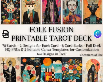 Folk-Art Surreal Tarot Cards Deck: 78 Cards, Editable Template (Digital Download)